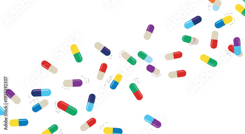 Numerous colorful pharmaceutical capsules in various hues like red, blue, green, and yellow are scattered randomly across a pristine white background.