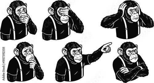 Tattoo flash vector set of six chimpanzee expressions pointing thinking covering ears mouth and crossing arms in retro style bold