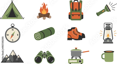 Camping and outdoor adventure icons and symbols