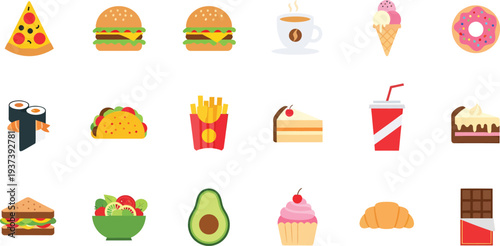 Colorful illustrations of various food items and desserts