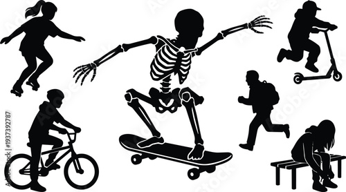 Flat design silhouette collage of kids and skeleton skateboarding scooter biking rollerblading tying shoes in playful urban park scene action