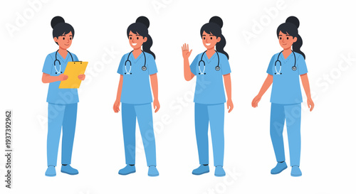 Four cartoon female nurses in blue scrubs with stethoscopes, standing in different poses.