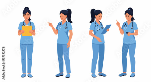 Four different poses of a female nurse character in blue scrubs and stethoscope, standing and holding a clipboard or pointing.
