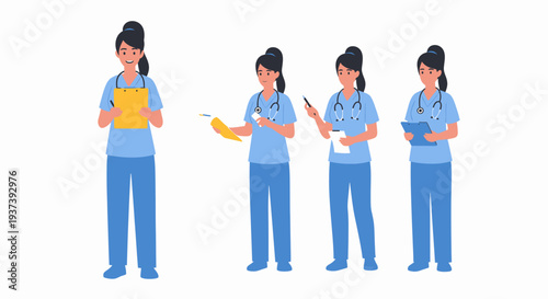 Four cartoon female nurses in blue scrubs holding clipboards and pens, standing on a white background, representing healthcare professionals.