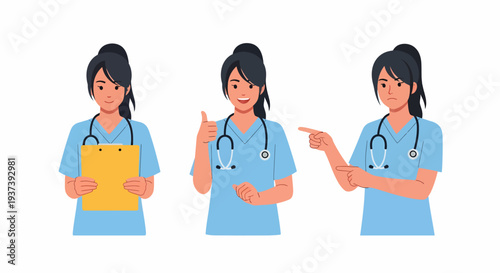 A set of three illustrations showing a female nurse in different poses and expressions.