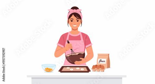 A happy woman baking cookies in her kitchen, mixing batter in a bowl with ingredients like flour and eggs on the table.
