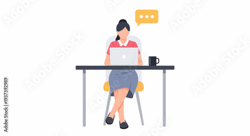 A woman sitting at a desk, working on a laptop with a thought bubble above her head.