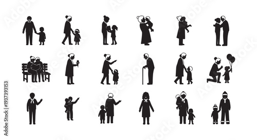 Silhouette Set of Grandparents and Grandchildren Showing Family Love, Care and Generations