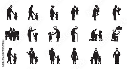 Silhouette Set of Grandparents and Grandchildren Showing Family Love, Care and Generations