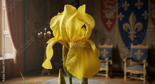 Yellow Iris with Water Drops in Royal French Castle — Fleur de Lis Heraldic Background