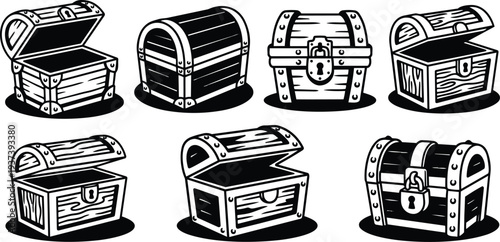 Line art vector set of seven wooden treasure chests open and closed front angle bold outline padlock shadows isolated clipart