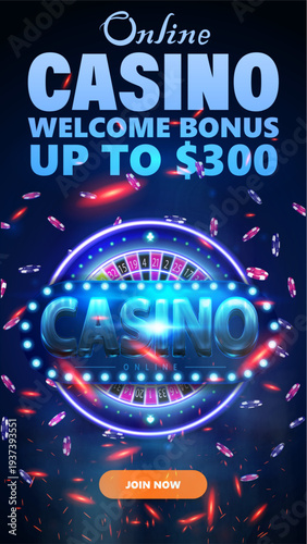 Blue vertical web banner for online casino with a blue sign with roulette and chips. Online casino promotion features welcome bonus up to 300.