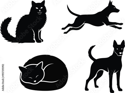 Silhouettes of domestic cats and running dogs depict various companion animals and wildlife profiles for graphic use.