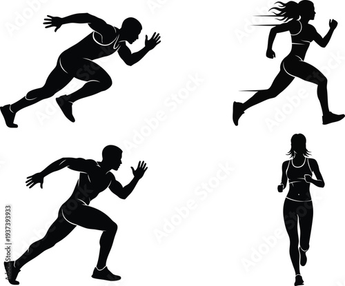 Silhouettes of male and female athletes sprinting forward represent speed, competition, and dedicated physical.