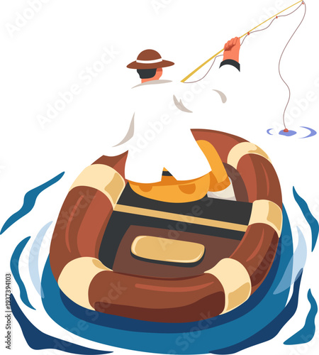 Fisherman on boat. Summer activity. Angler cartoon character