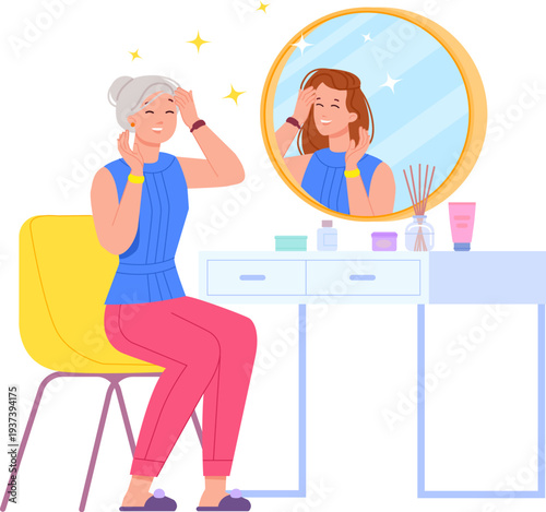 Old woman see younger self in mirror color scene