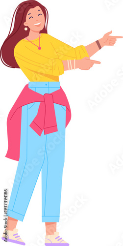 Happy woman show something with finger gesture color character
