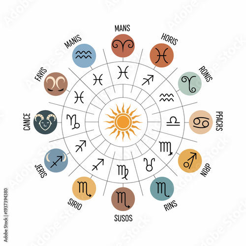 Zodiac Wheel with Astrological Symbols and Signs.