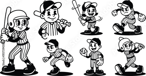 Retro cartoon 90s baseball kids showing batting and pitching poses in black and white vintage vector illustration with expressive faces