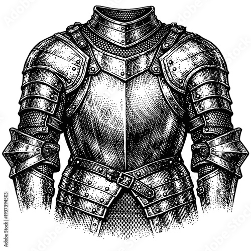 Highly detailed vintage medieval knight full plate armor illustration, monochrome black and white engraving art showcasing historical warrior protection. Perfect for historical designs, fantasy themes
