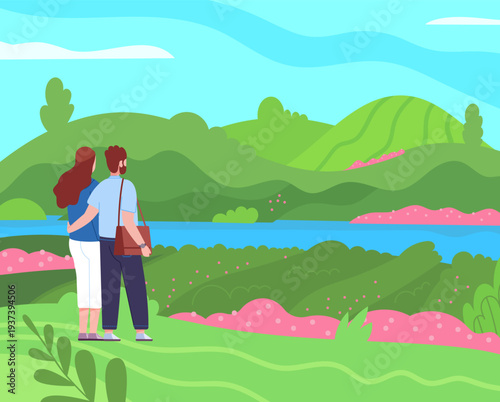 Couple travel outdoor together and enjoy beautiful landscape