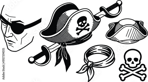 Tattoo flash pirate hat skull and crossbones eyepatch portrait sword bandana collection in bold black line art vector vintage nautical