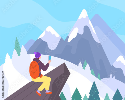 Mountain traveler. Young tourist make selfie on cliff