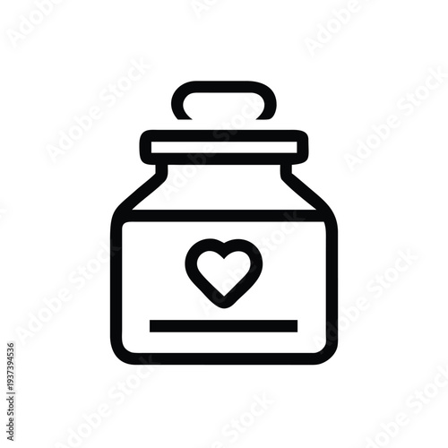 Black and white icon of a closed jar with a heart on the front  simple line art design element for graphic resources and web use  no background