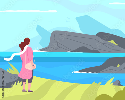 Sea shore tourist. Woman look at beautiful water landscape