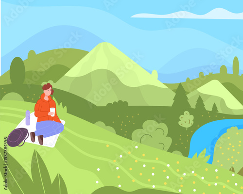 Green valley picnic. Woman look at beautiful landscape