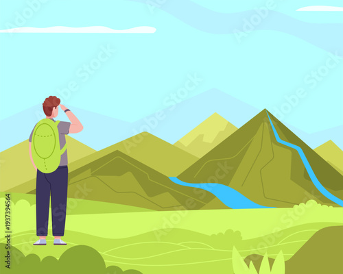 Mountain river landscape. Nature explorer young character