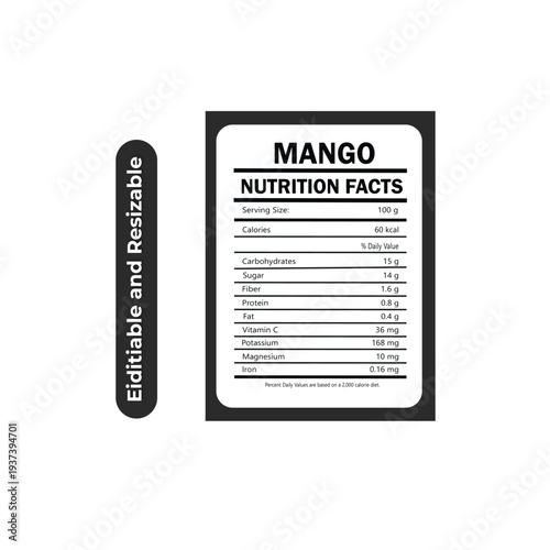 Mango nutrition facts, Mango nutrition facts label, mango, nutrition, facts, label, edible, disposable, food, fruit, healthy, diet, nutrition label, food label, product tag, edible tag, disposable 