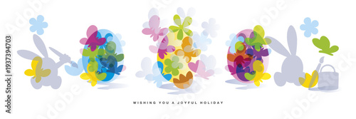 Happy Easter pastel color greeting card. Bunny painting Easter egg hunt. Beautiful colorful Easter eggs with all around overlapping spring symbols butterfly and flowers on eggs white background