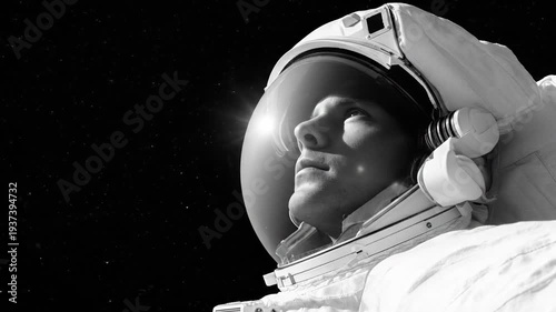Astronaut Wearing Gazes Space Exploration Concept aerospace rocket satellite upwards celestial bodies stars suit looking sun