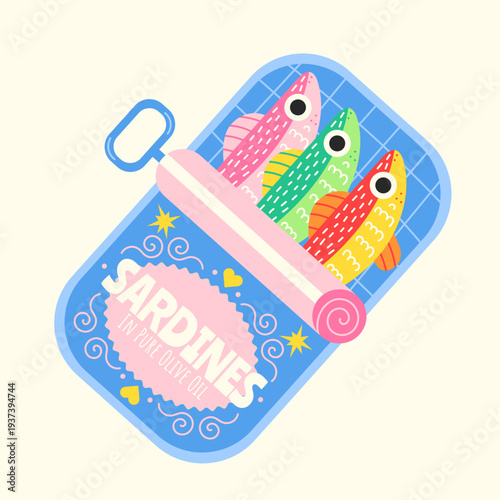 Canned sardines in olive oil illustration, colorful fish in tin can, cute doodle seafood vector art, naive style sea food poster.