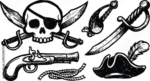 Tattoo flash skull with eye patch crossed cutlasses tricorn hat pistol and rope close up vintage line art pirate illustration