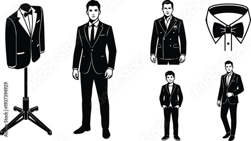 Flat design black silhouette full length man boy in tuxedos standing posing with mannequin bow tie close up