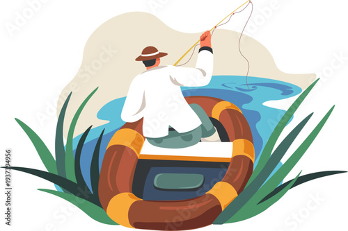 Boat fishery scene. Summer nature with man fishing