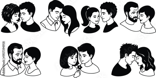 Minimalist vector couple portraits in line art eight romantic pairs close up different ages expressions intimate poses black and white