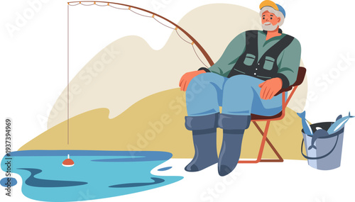 Angler fishing scene. Man sit on chair with rod