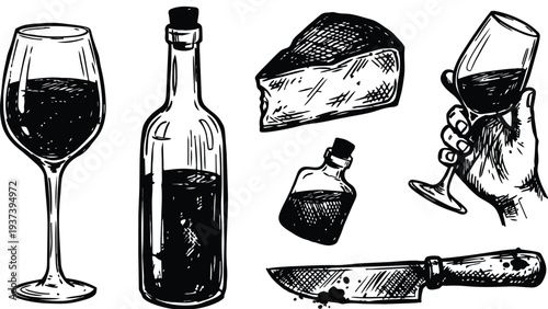 Ink sketch close up of hand holding red wine glass with bottle cheese and knife on rustic table background scene