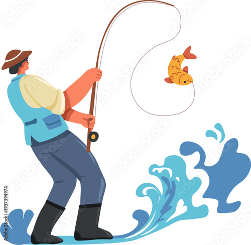 Man caught golden fish with retro spinning rod