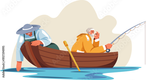 River fishing. Fishers on wooden boat cartoon scene
