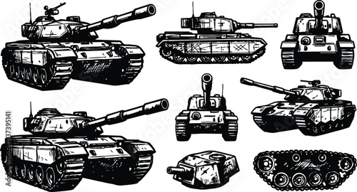 Line art ink sketch military tank set multiple angles front side low angle detailed turret cannon vector illustration isolated monochrome