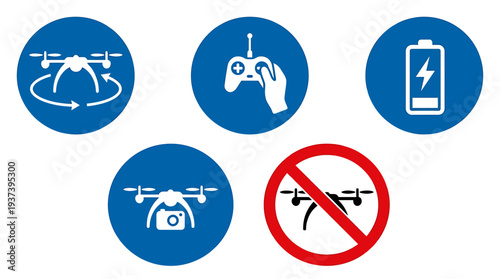 Drone Safety Icons and No Fly Signs Collection. Vector Illustrations. EPS Editable