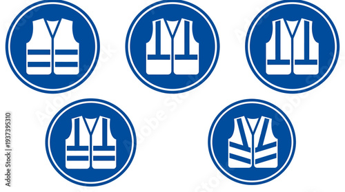 Five Blue Life Jacket Icons Display Safety Vests Symbols. Vector Illustrations. EPS Editable
