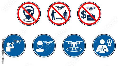 Drone Safety Signs and Prohibited Access Icons. Vector Illustrations. EPS Editable