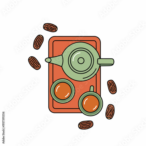 Teapot and Cups on Orange Tray.