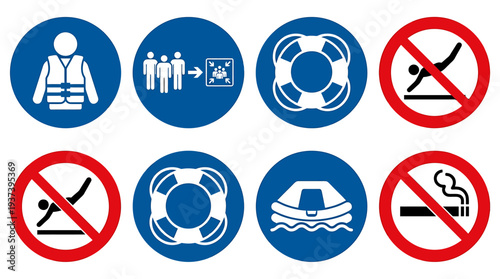 Safety Icons and Life Jacket Symbols Surround Water Area For Public Awareness. Vector Illustrations. EPS Editable