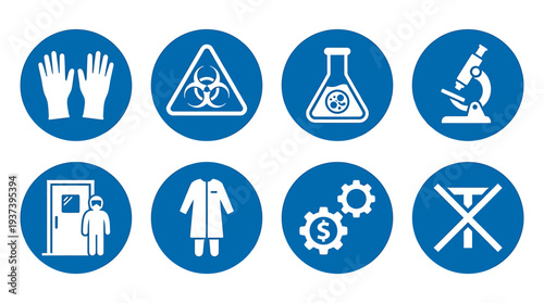 Set of Blue Circular Laboratory Safety Icons for Science and Education. Vector Illustrations. EPS Editable